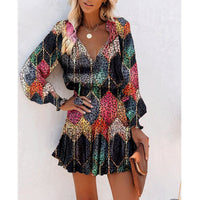 Flowers Print Long Sleeve Dress Fashion Patchwork Puff Sleeve Waist Dresses Womens Clothing