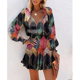 Flowers Print Long Sleeve Dress Fashion Patchwork Puff Sleeve Waist Dresses Womens Clothing