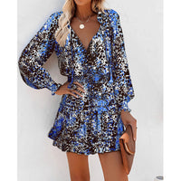 Flowers Print Long Sleeve Dress Fashion Patchwork Puff Sleeve Waist Dresses Womens Clothing